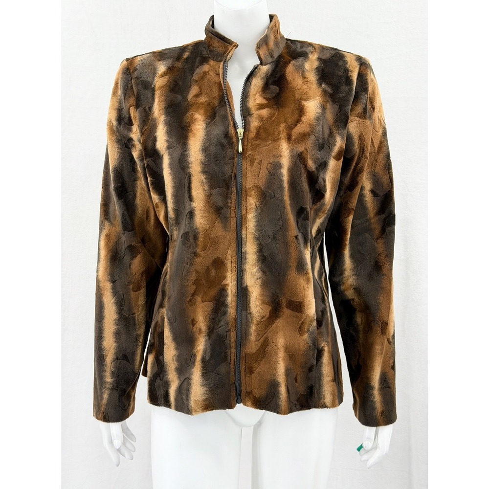 Vintage Dressbarn Jacket Womens Medium Brown Faux Fur Zip Front Mob Wife Y2K NWT